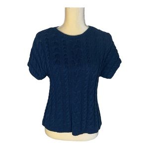 Land's End Short Sleeve Cotton Navy‎ Cable Knit Sweater Size Small